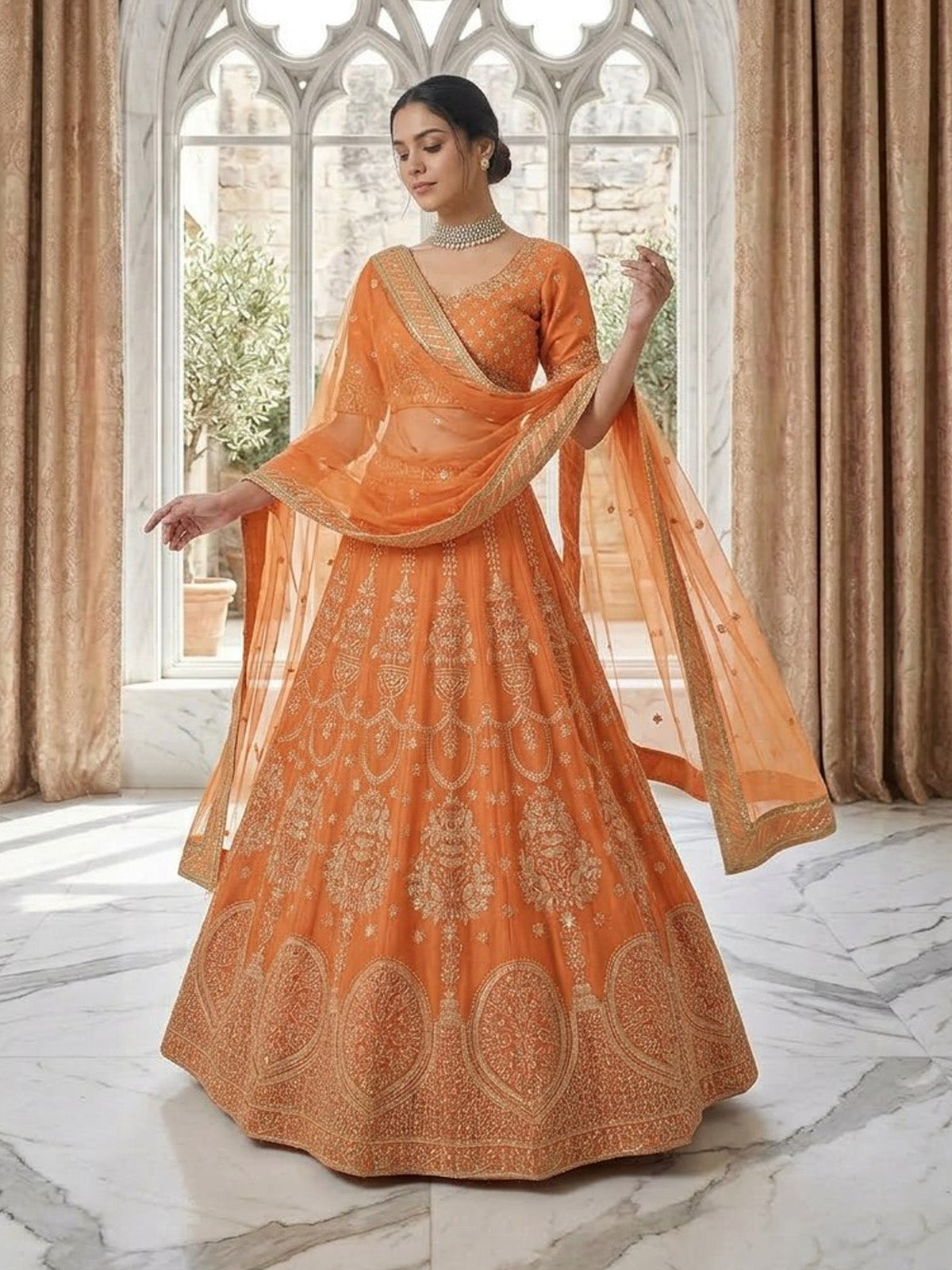 Buy premium georgette lehenga for women featuring thread embroidery, sequin work, embroidered blouse and elegant designer dupatta.