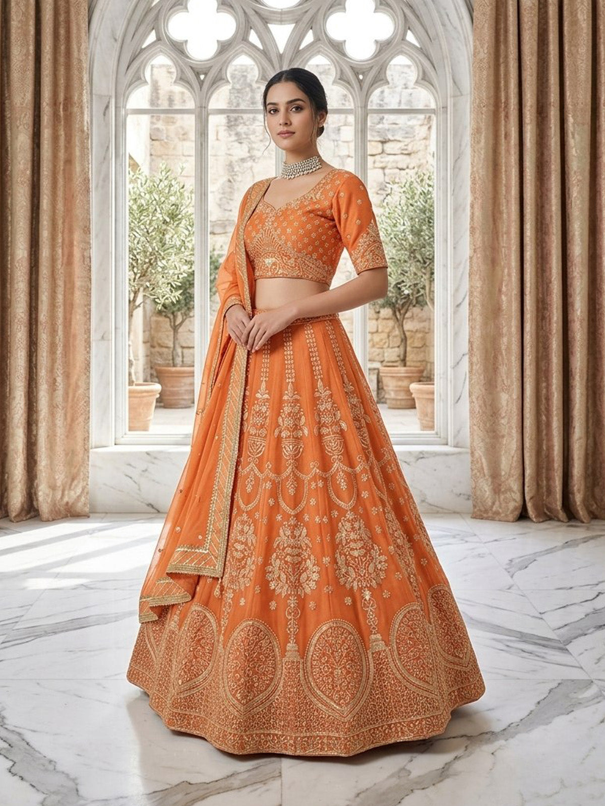Discover FEALDEAL designer wedding lehenga choli with georgette fabric, 3MM sequins, thread embroidery and 3.5 meter grand flare.