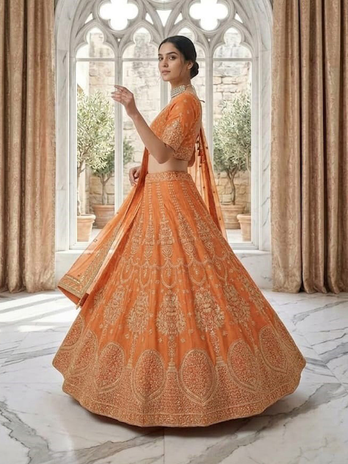 Elegant georgette lehenga choli with embroidered blouse, Gotapatti lace border dupatta and premium craftsmanship. Ideal for weddings and festive occasions.