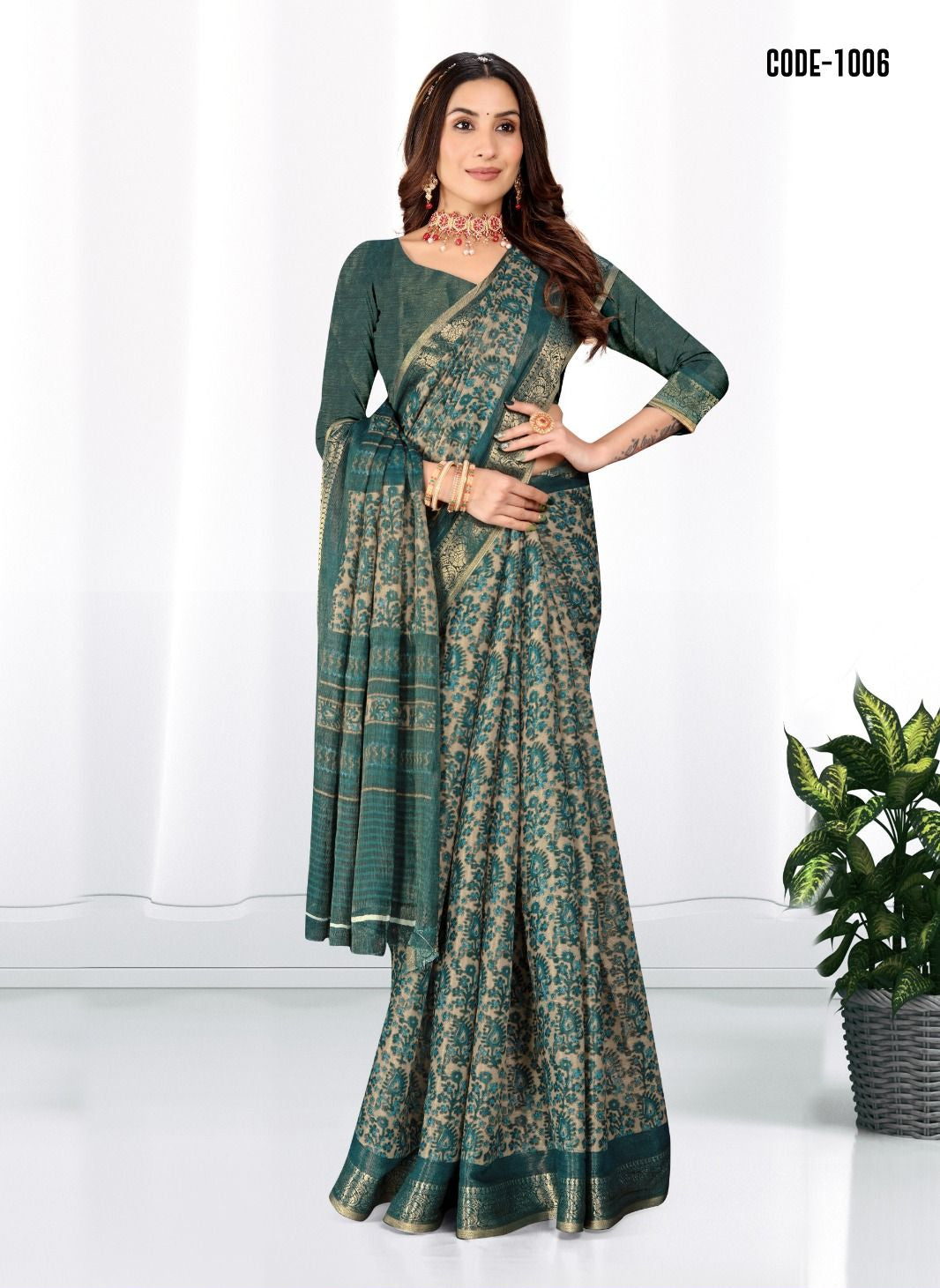 Dark Green color Zari weaves Jacquard border Moda zari silk saree with blouse for women - 13991