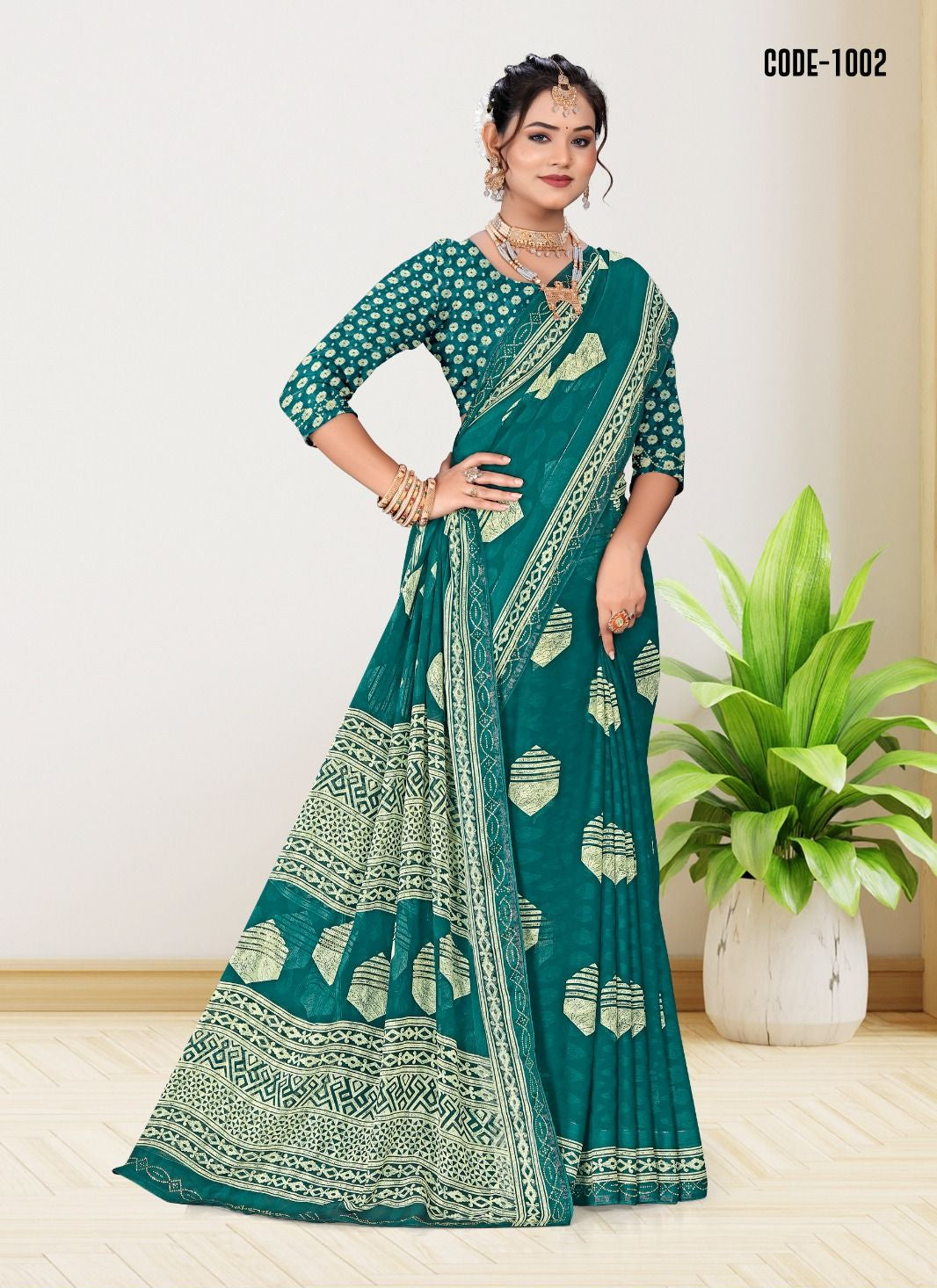 Teal Blue color Jacquard Butta woven border Georgette saree with blouse for women - 14294