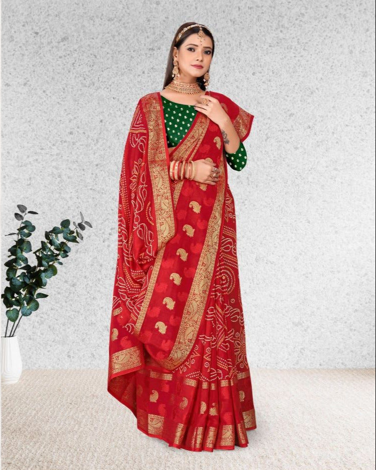 Red color Bandhani Print Jacquard border Cotton saree with blouse for women - 14265