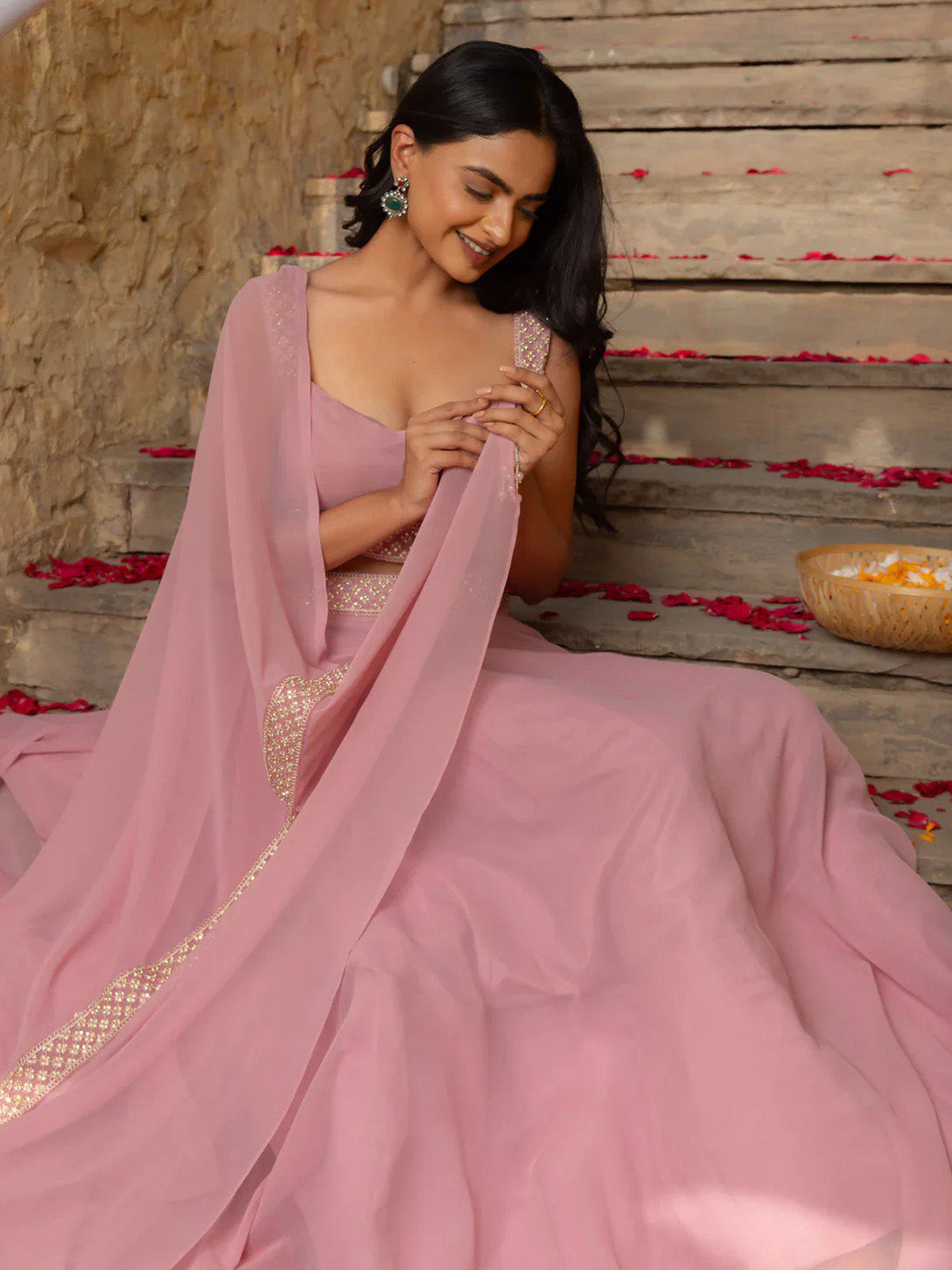 Discover elegant faux georgette lehenga choli with grand 4 meter flair, unstitched blouse and ready dupatta. Ideal for weddings and festive occasions.