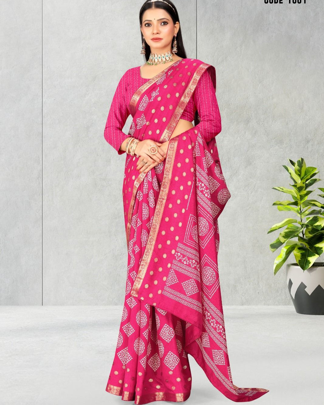 Pink color Geometric Print Jacquard border Dola Silk saree with blouse for women - 14571
