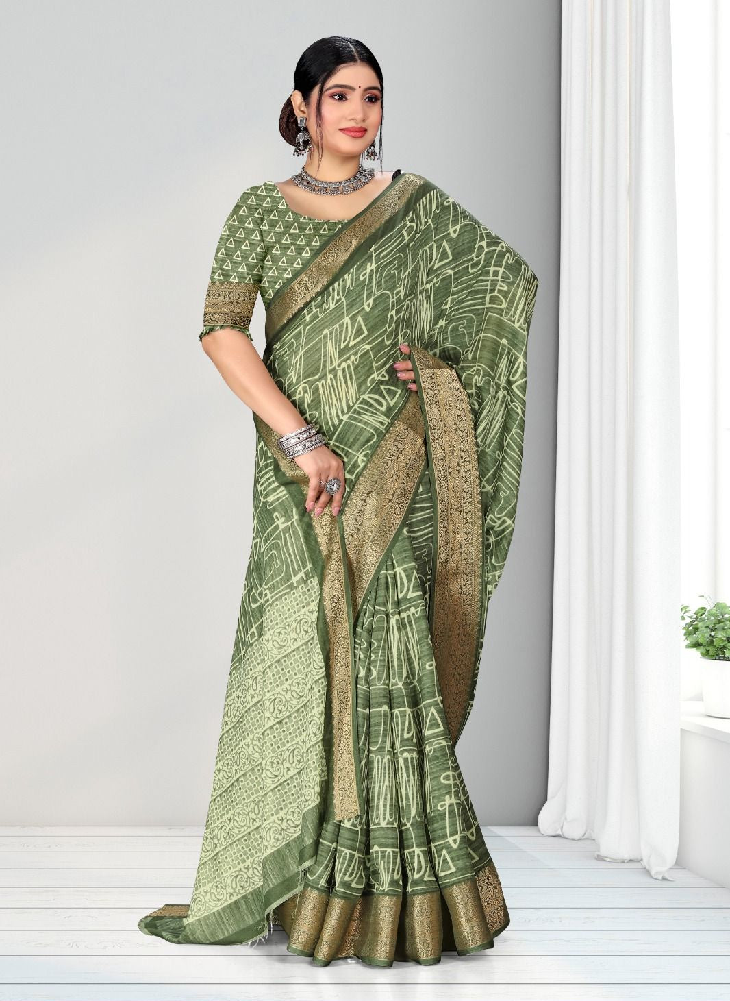 Green color Geometric Print Zari border Soft cotton saree with blouse for women - 14302