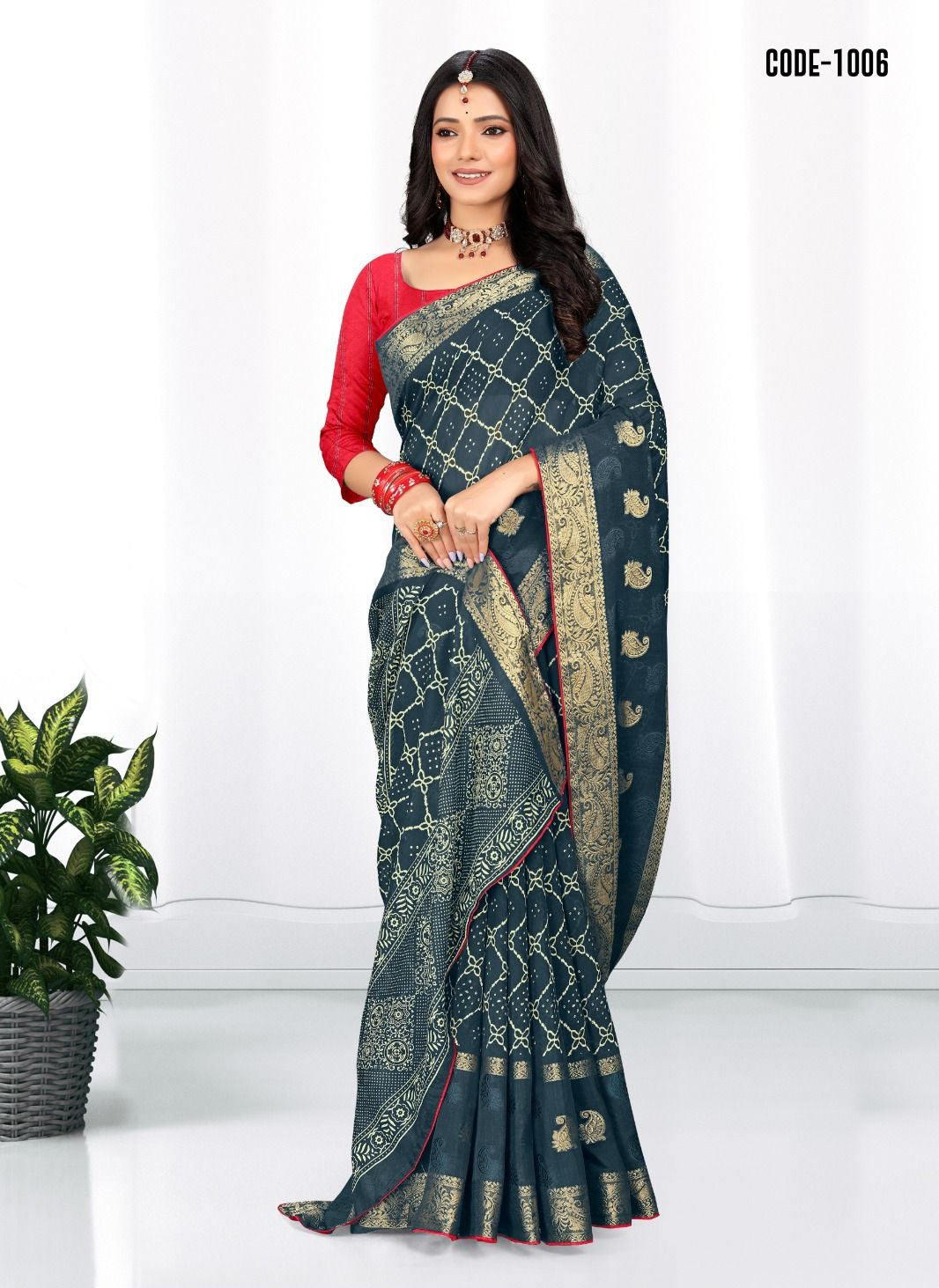 Blue color Soft cotton Jacquard Butta saree with blouse for women - 14049