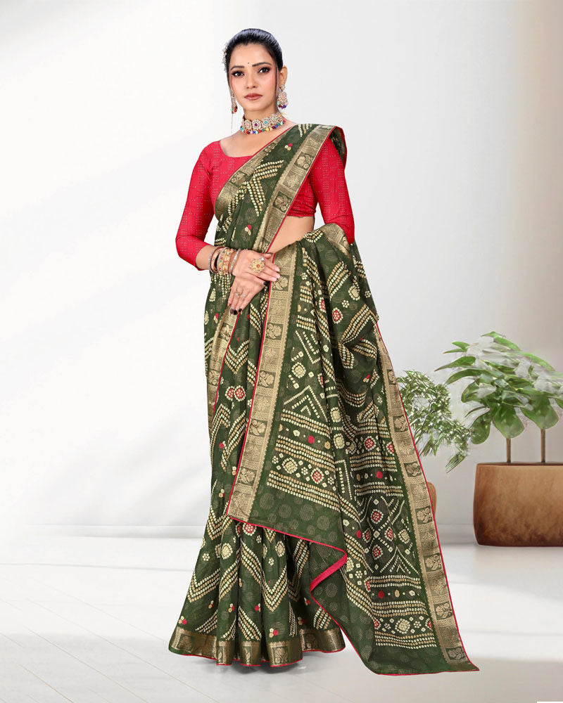 Green color Zari Weaving Jacquard border Viscose saree with blouse for women - 13509