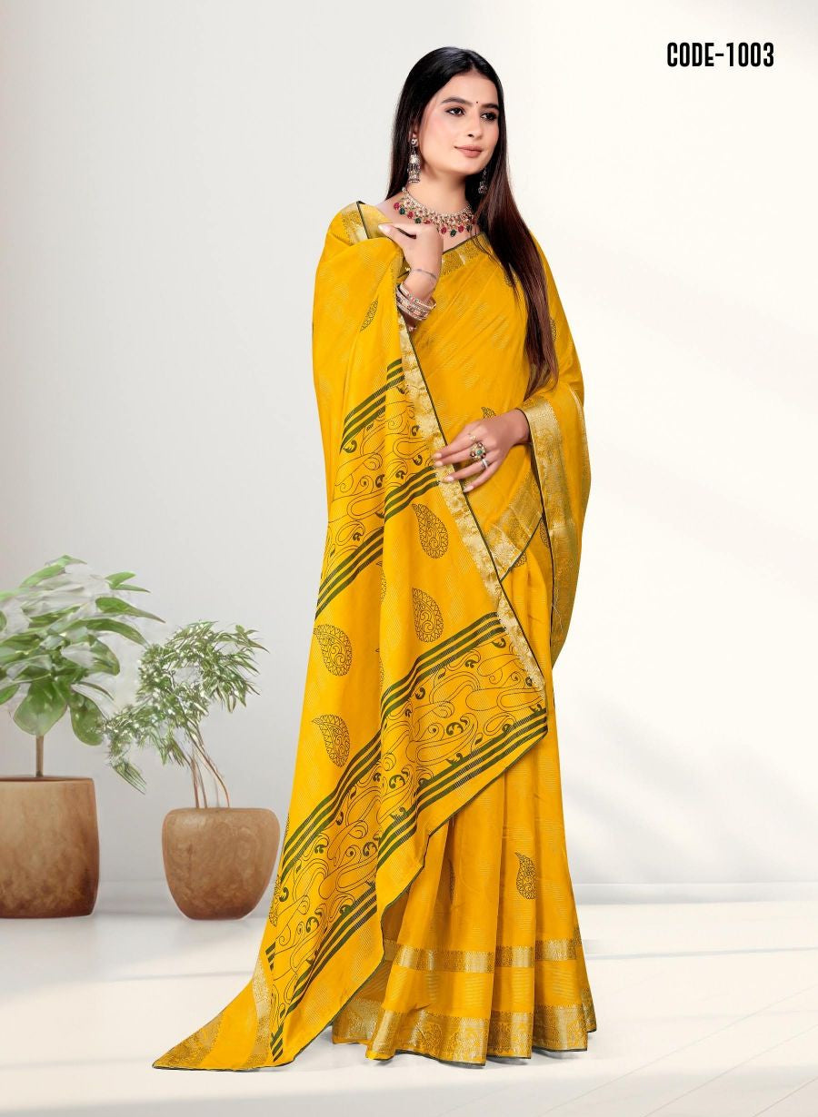 Yellow color Zari Weaving Jacquard border Viscose saree with blouse for women - 13521