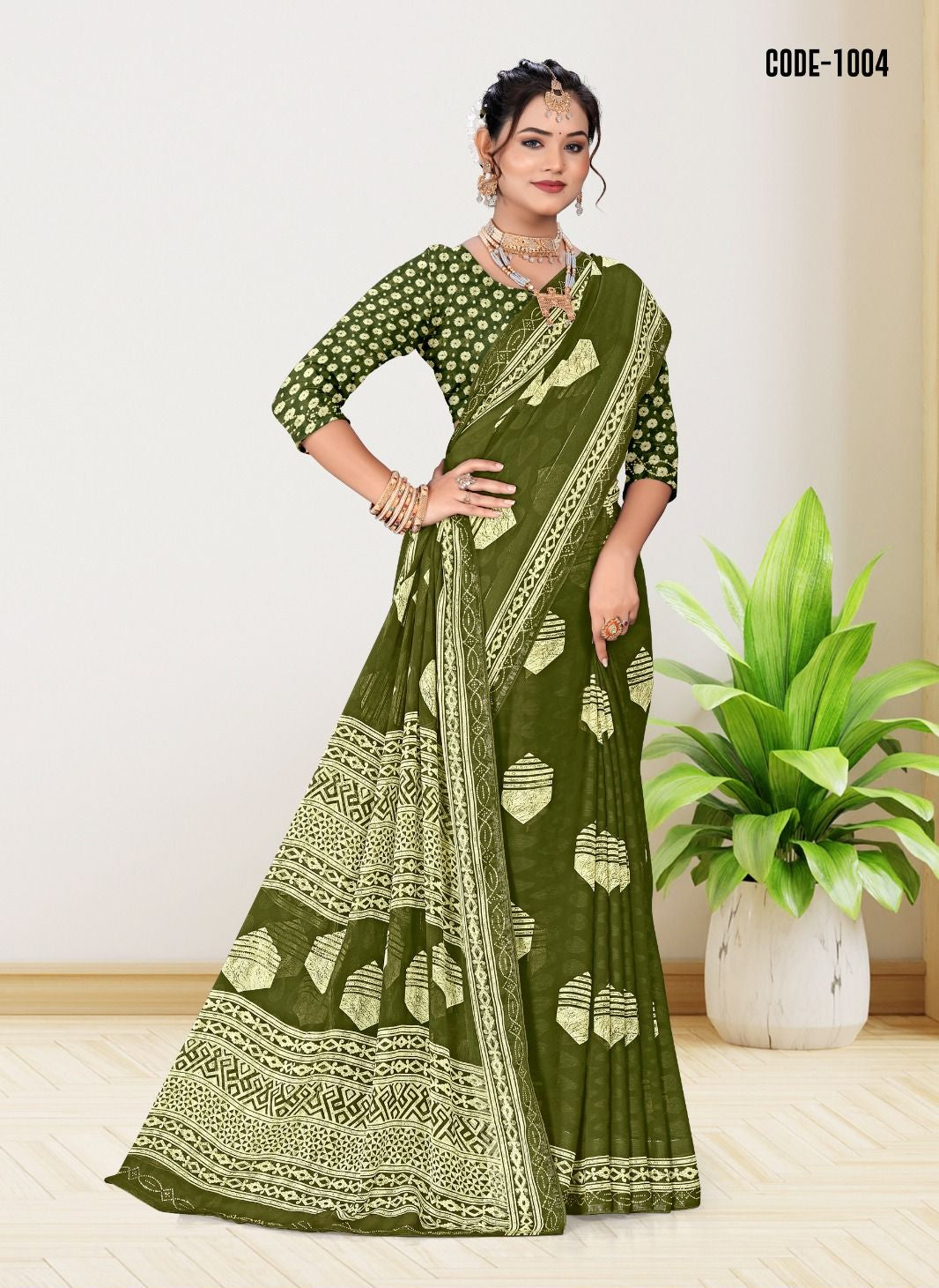 Mehendi Green color Jacquard Butta woven border Georgette saree with blouse for women - 14296