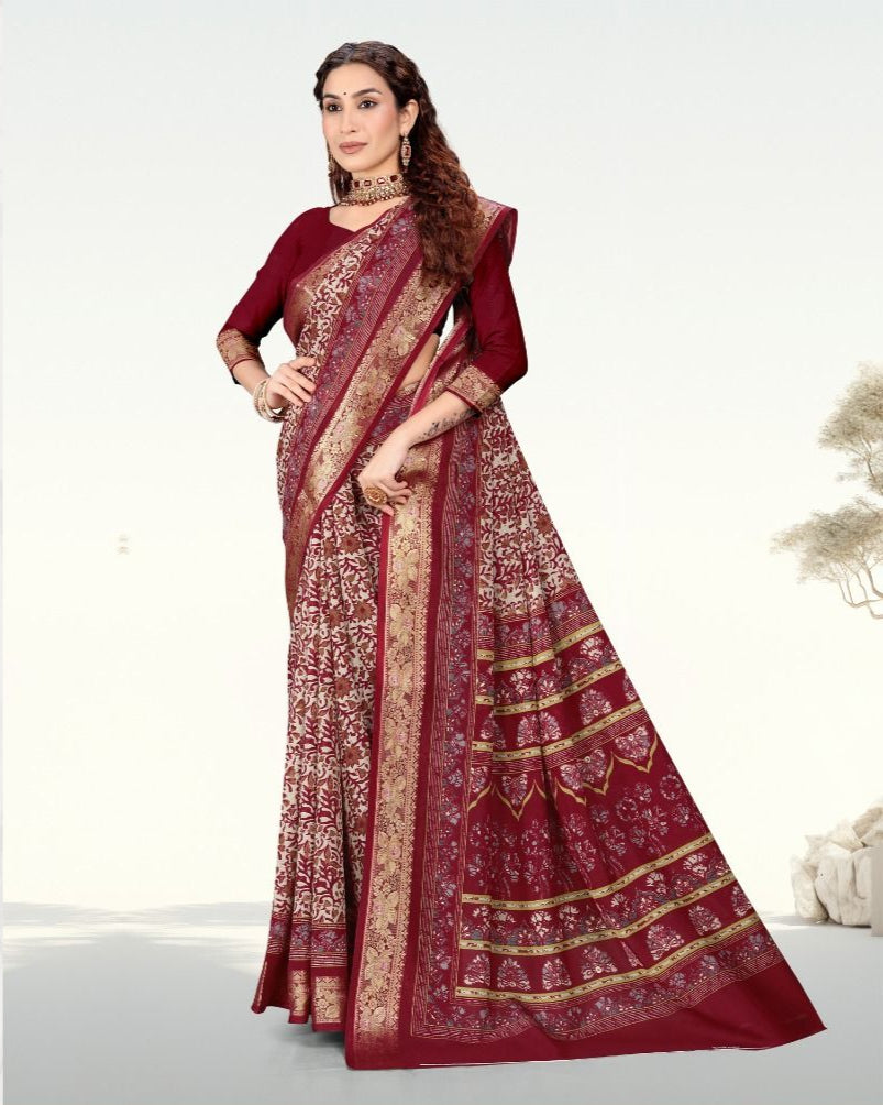 Maroon color Botanical Print Jacquard border Cotton saree with blouse for women - 13937