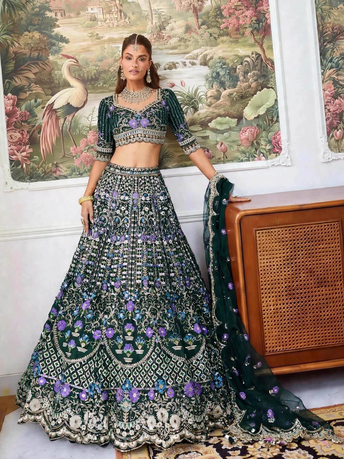 Blue Mono Satin Silk Coding Sequins Cut Work lehenga