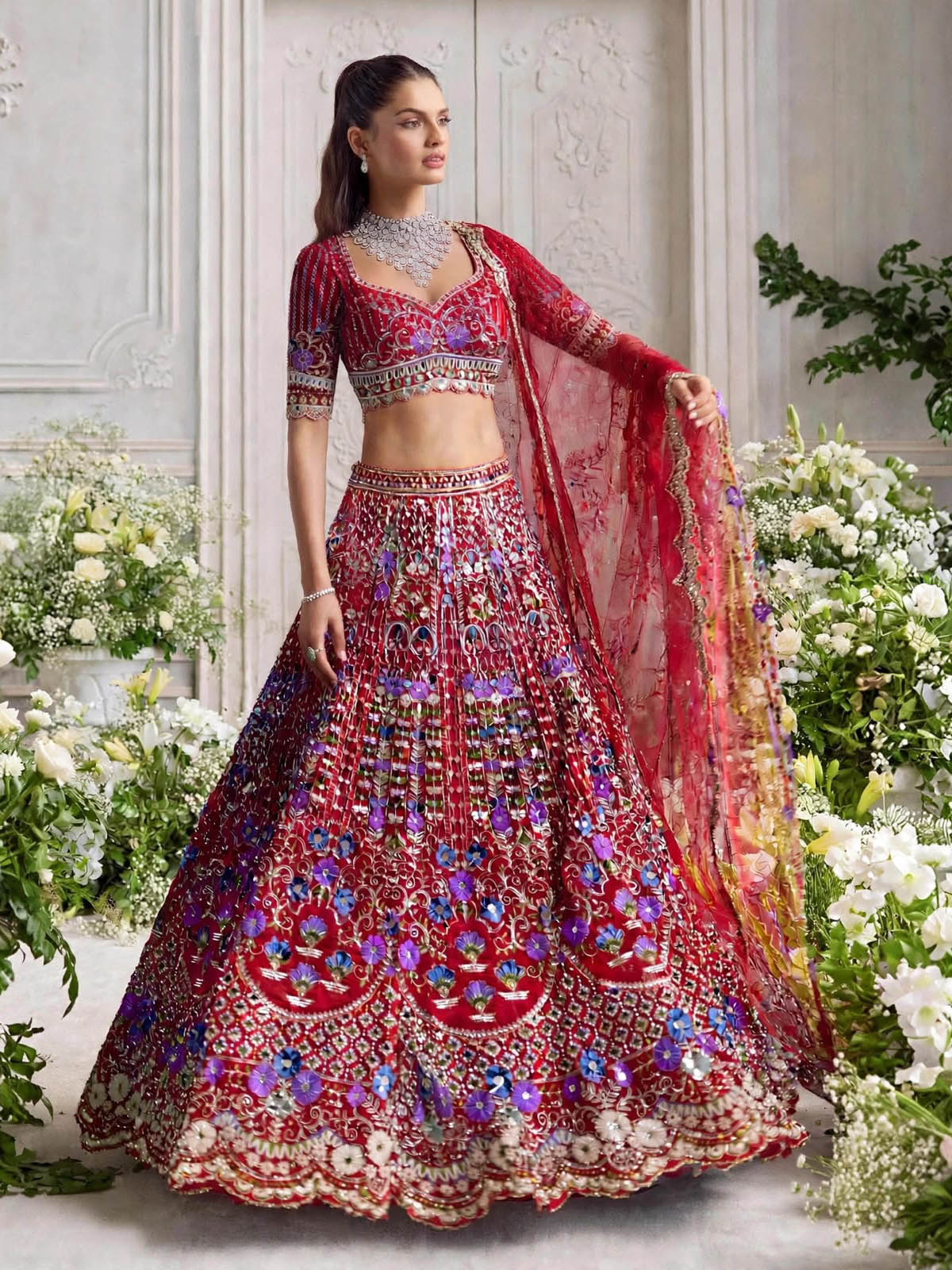 Girls lehenga choli with matching Butterfly Net dupatta