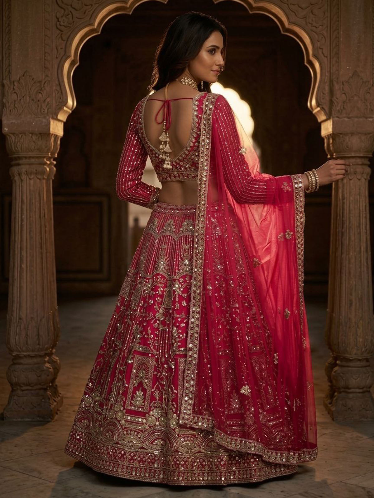Elevate your ethnic look with this soft net lehenga choli featuring coding sequins work, 4m flare, unstitched blouse fabric and matching 2.3m dupatta.