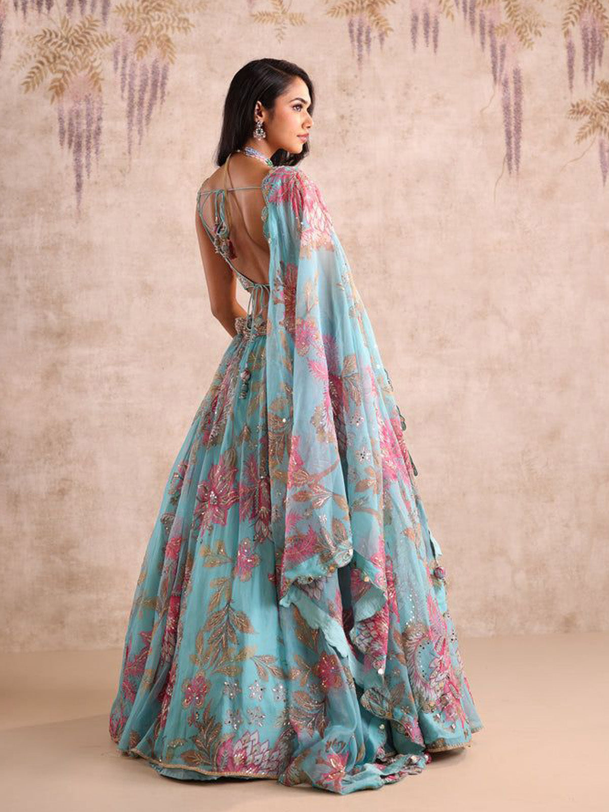 Discover a premium Tabby Silk lehenga for women and girls with beads, digital print work, 4m grand flare and customizable blouse, perfect for festive events.