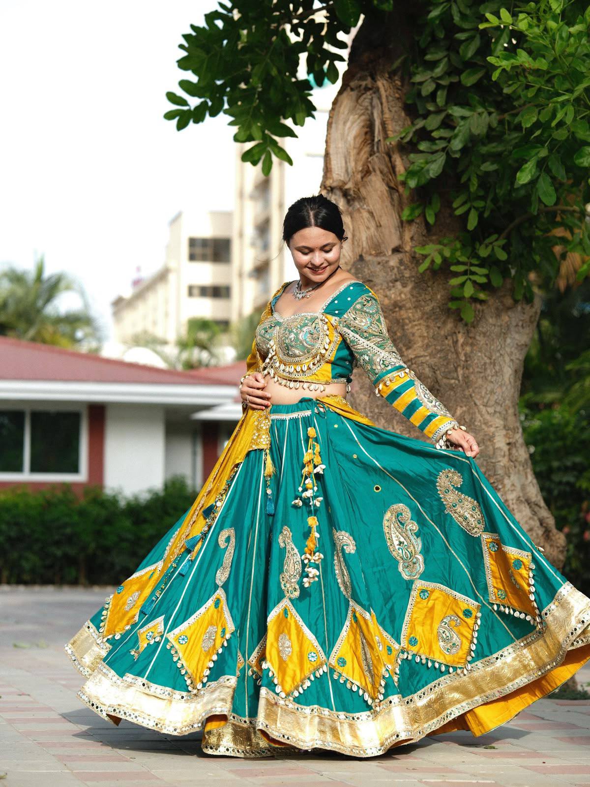 Navratri bridal style lehenga with digital print and mirror work