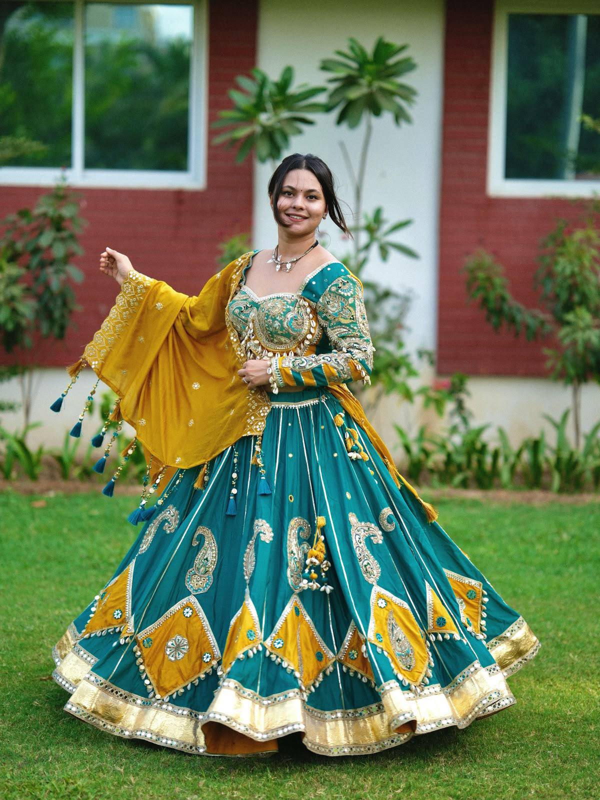 Garba lehenga for women with real mirror work and tussles