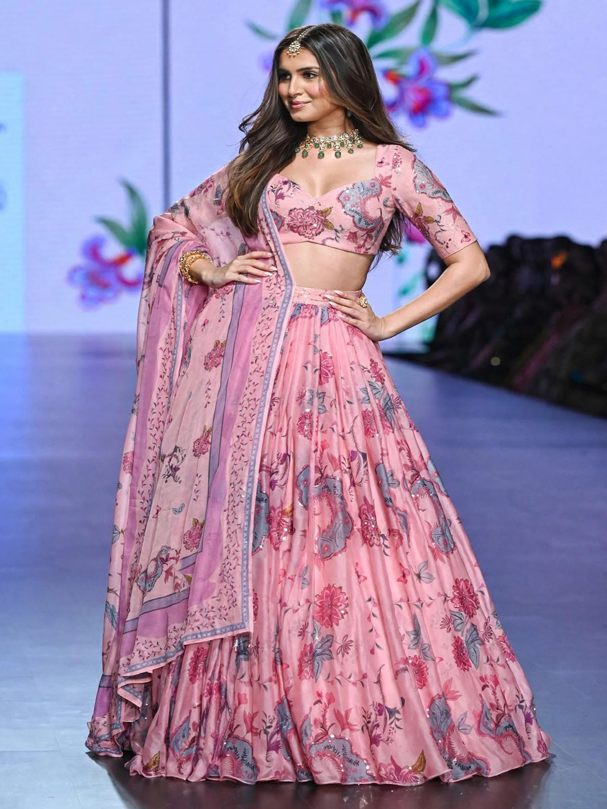 Faux Georgette print sequin lehenga choli for women