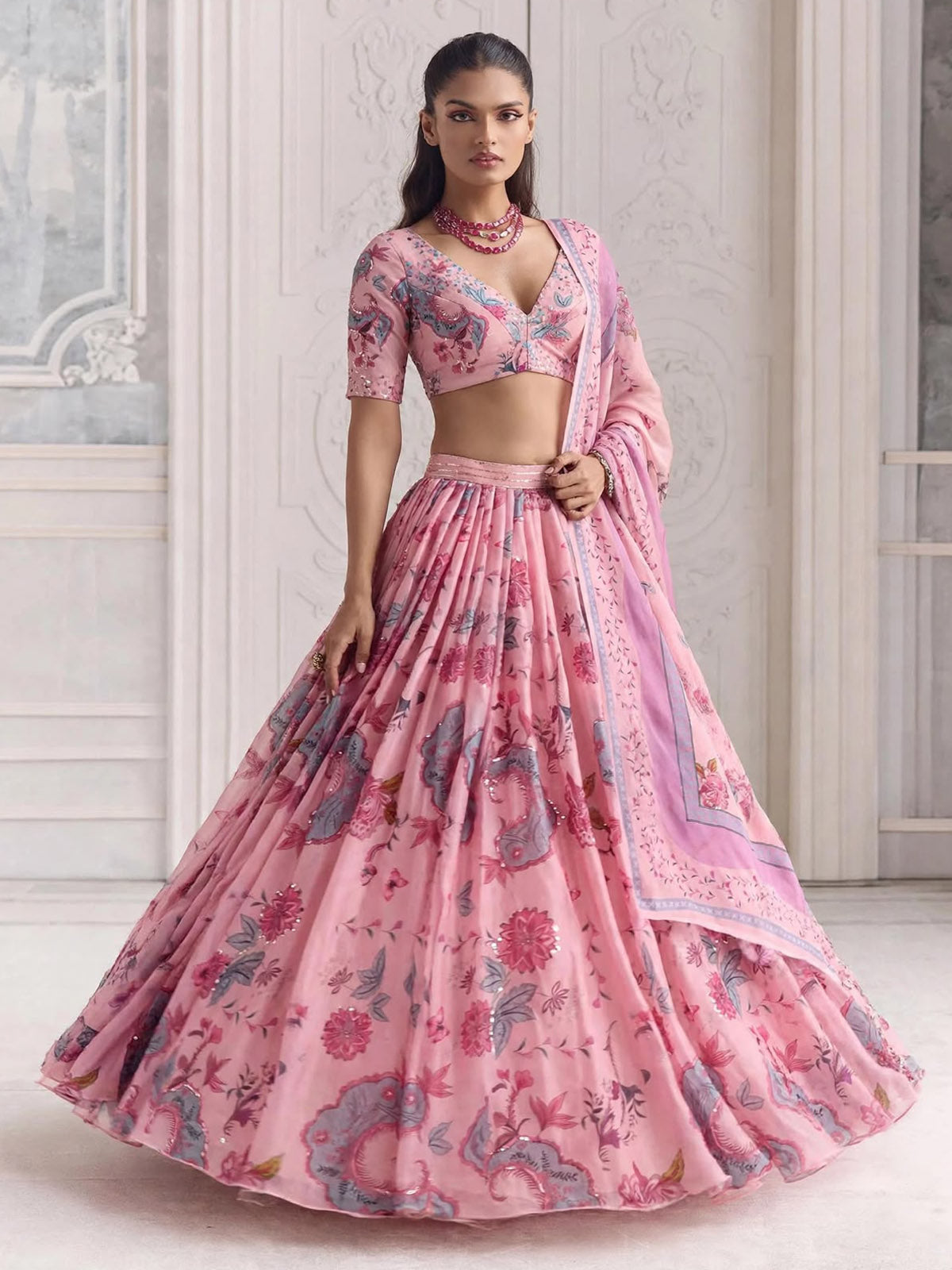 Faux Georgette women lehenga with 4 meter flared design