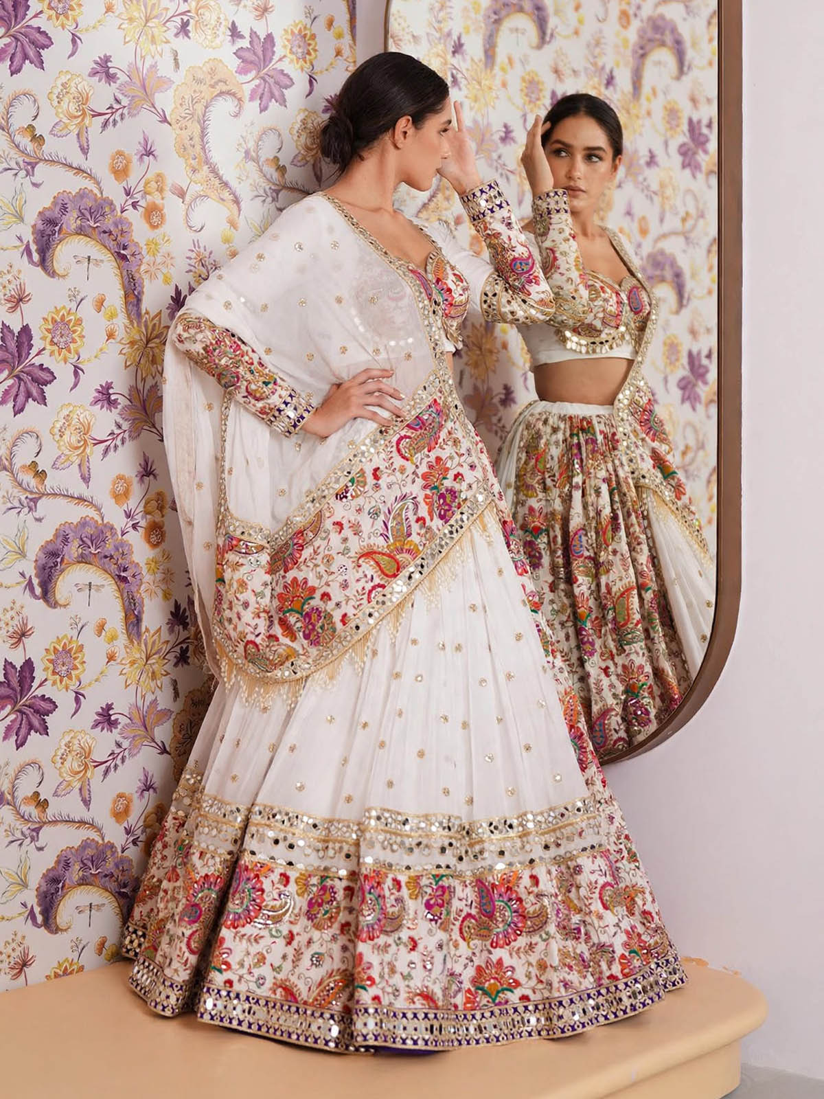 Foil mirror work lehenga with 4 meter flared design