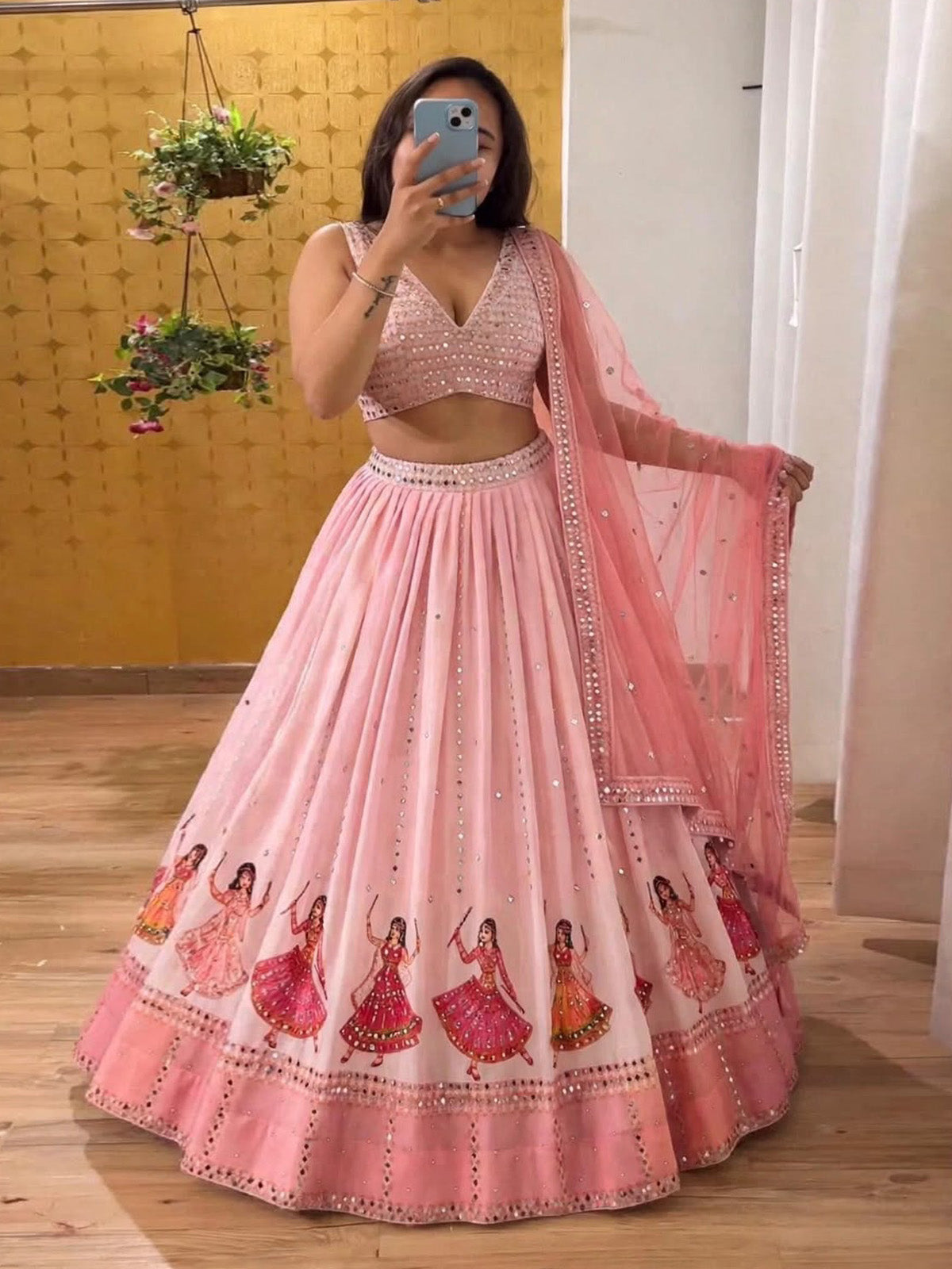 Peach Faux Georgette wedding lehenga with real mirror work