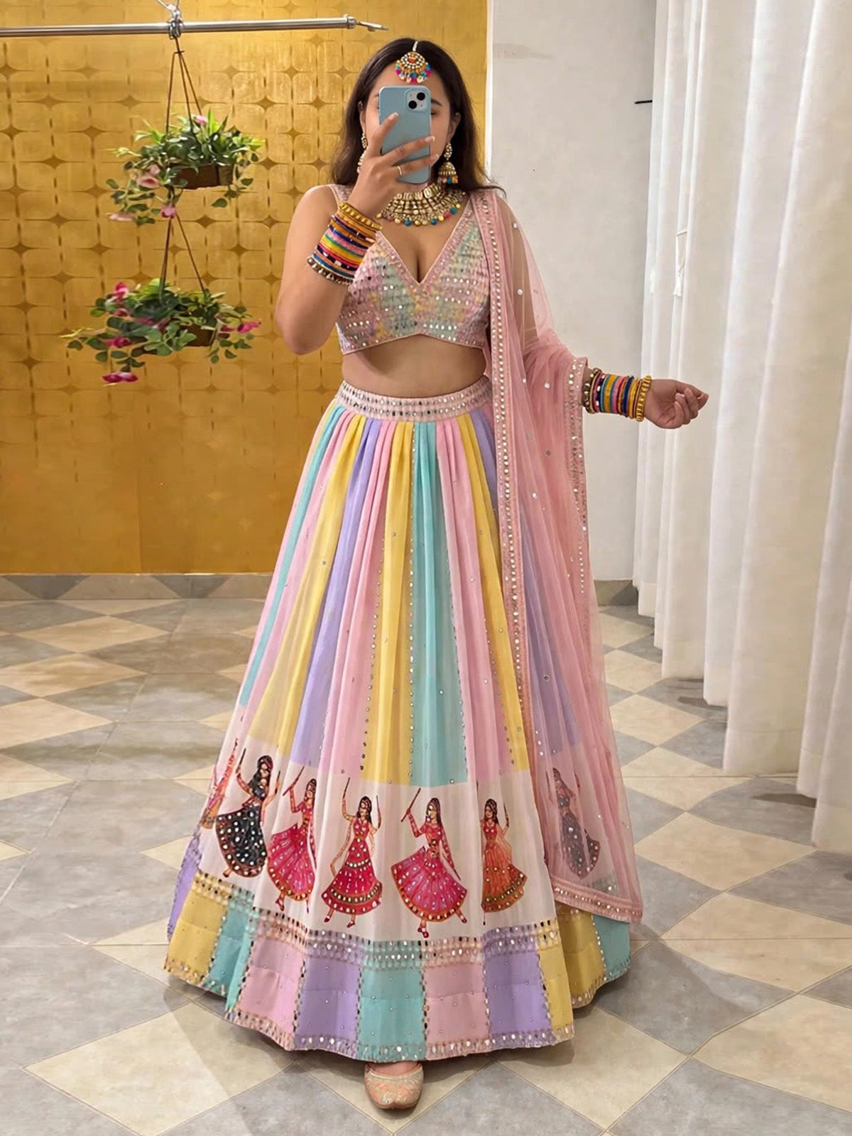Multicolor designer lehenga choli with mirror work