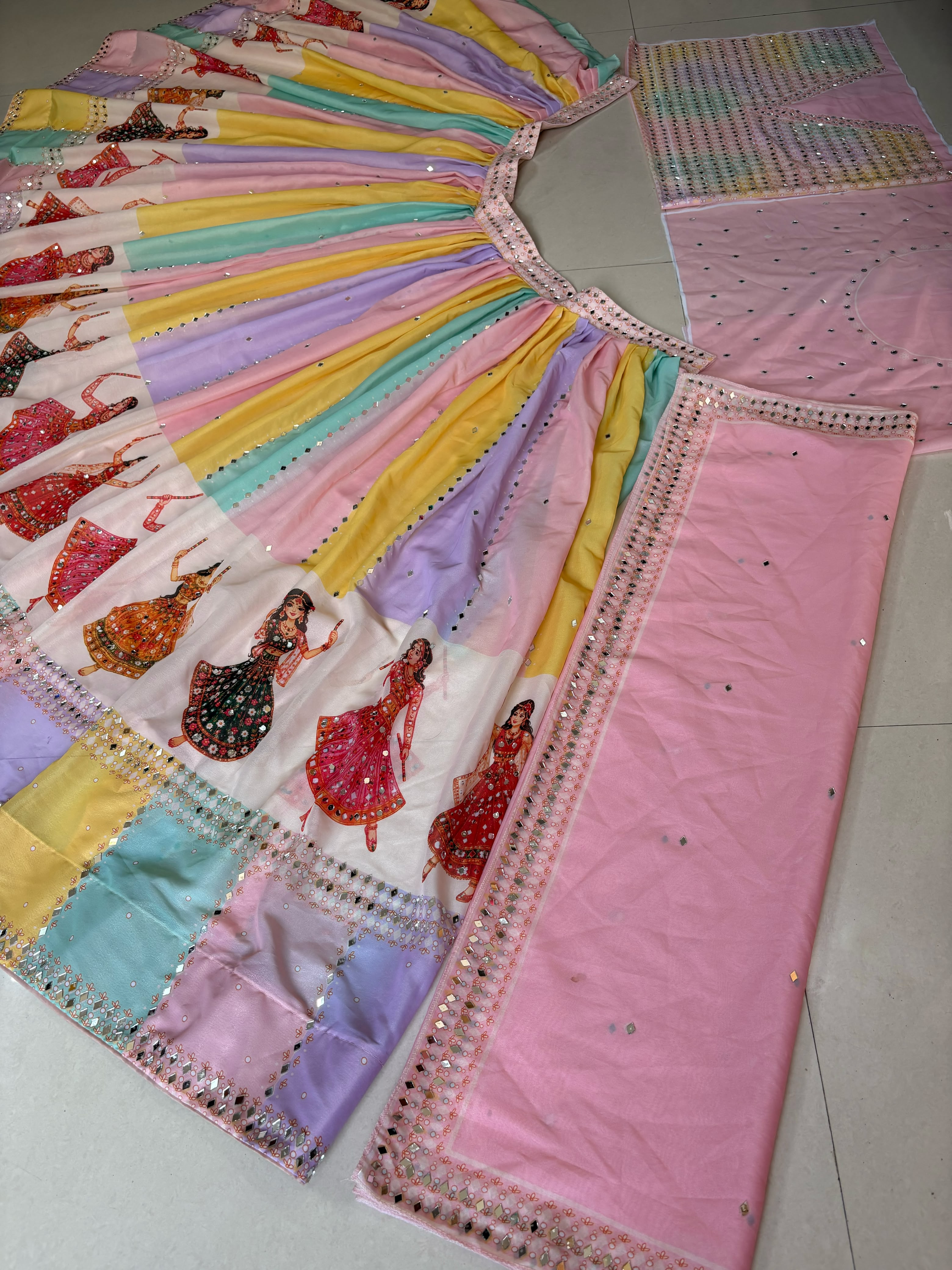 Digital print mirror work lehenga choli set with blouse and dupatta