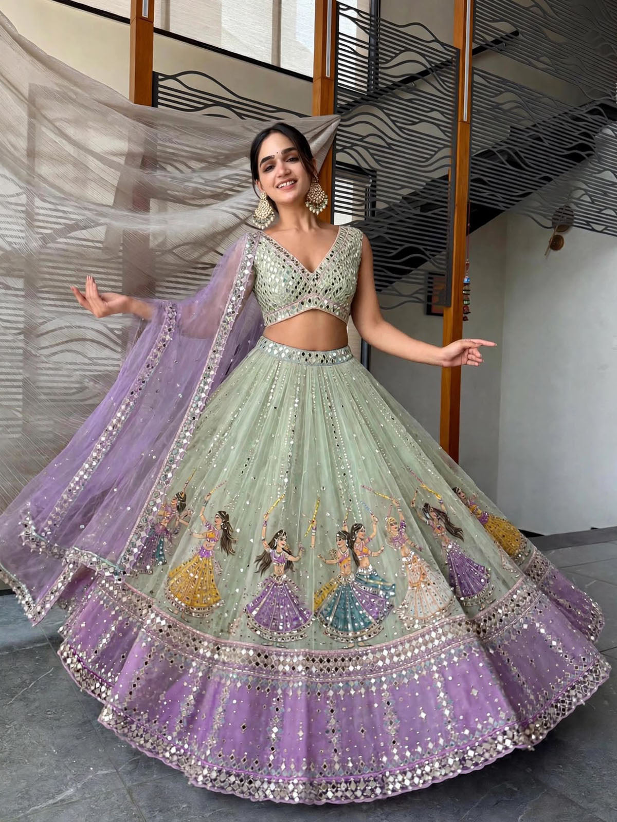 Faux Georgette real mirror work lehenga for women