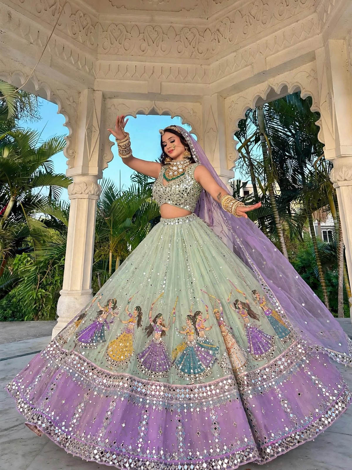 Faux Georgette digital print mirror work lehenga choli