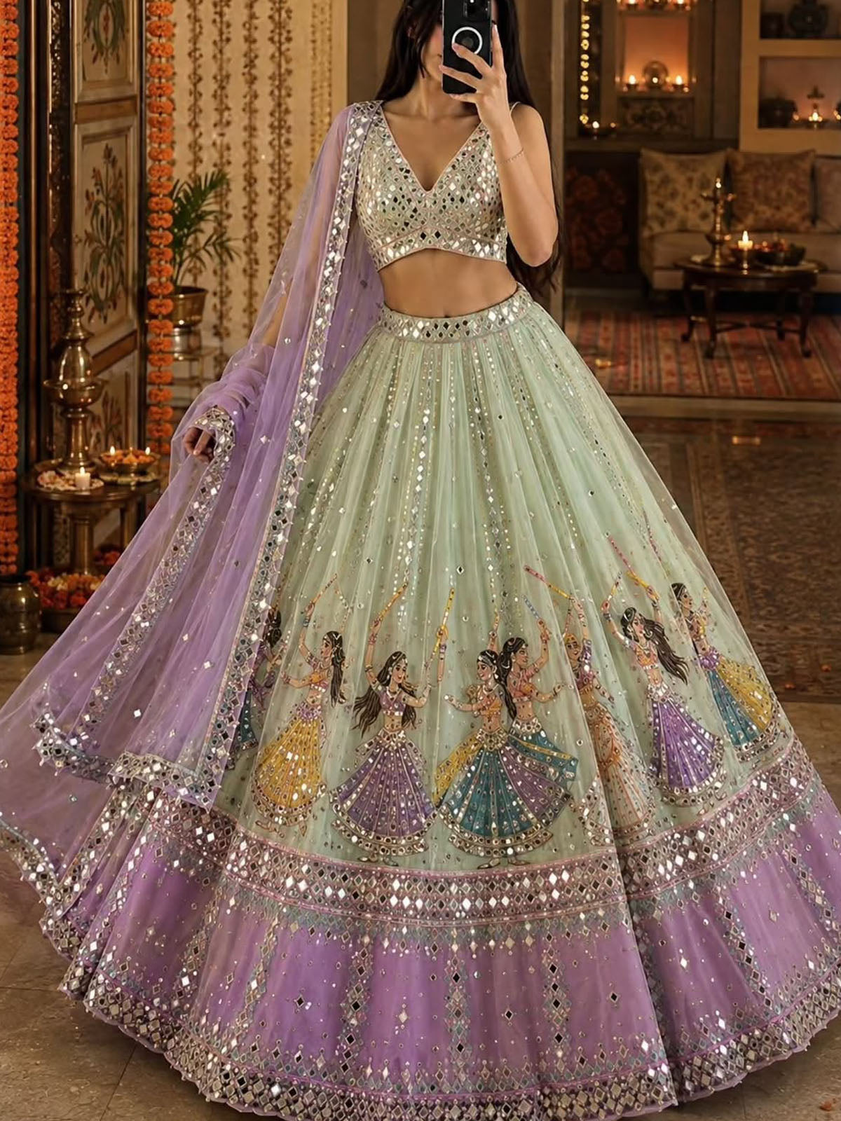 Faux Georgette Mirror Work Lehenga for Women