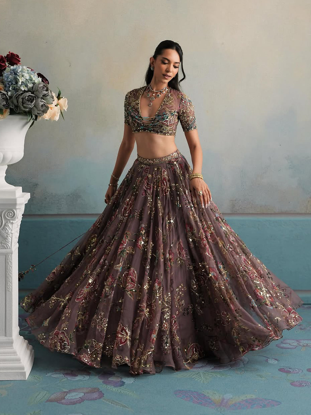 Women lehenga with digital print and figure sequin work