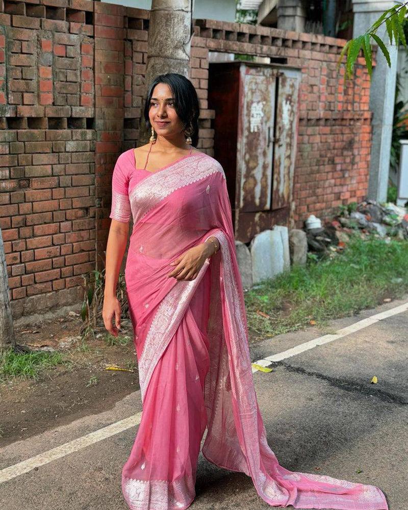 Baby Pink soft Linen cotton woven saree