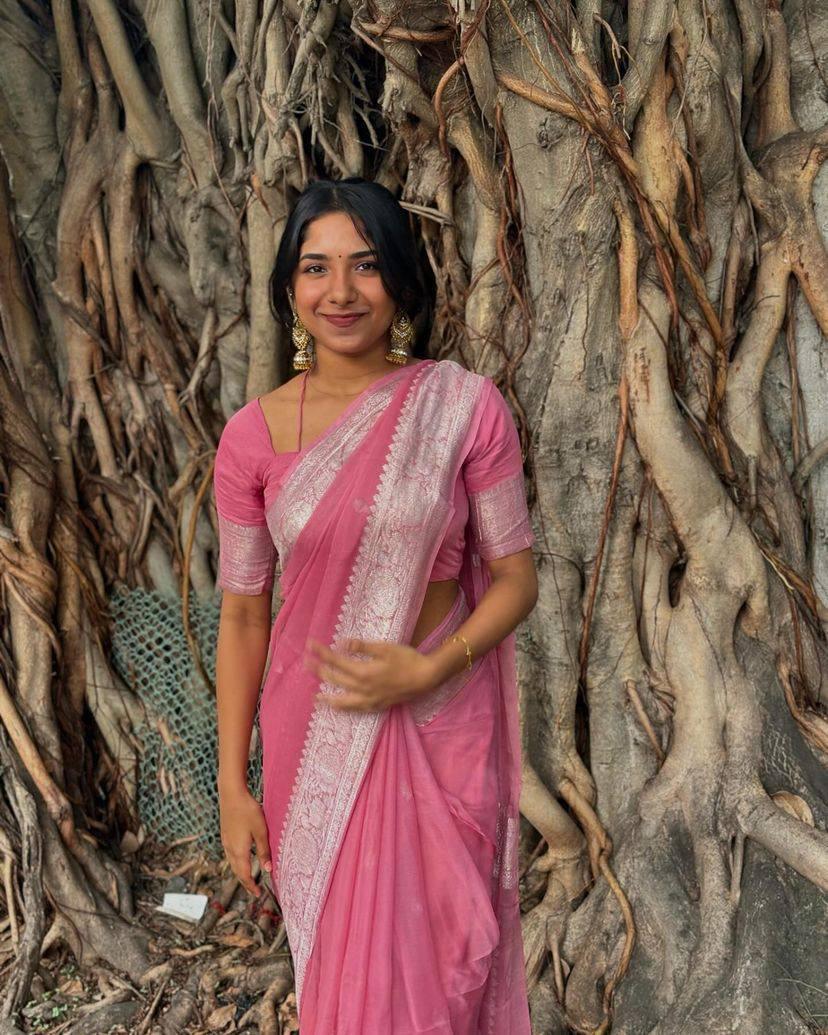 Baby Pink soft Linen cotton woven saree