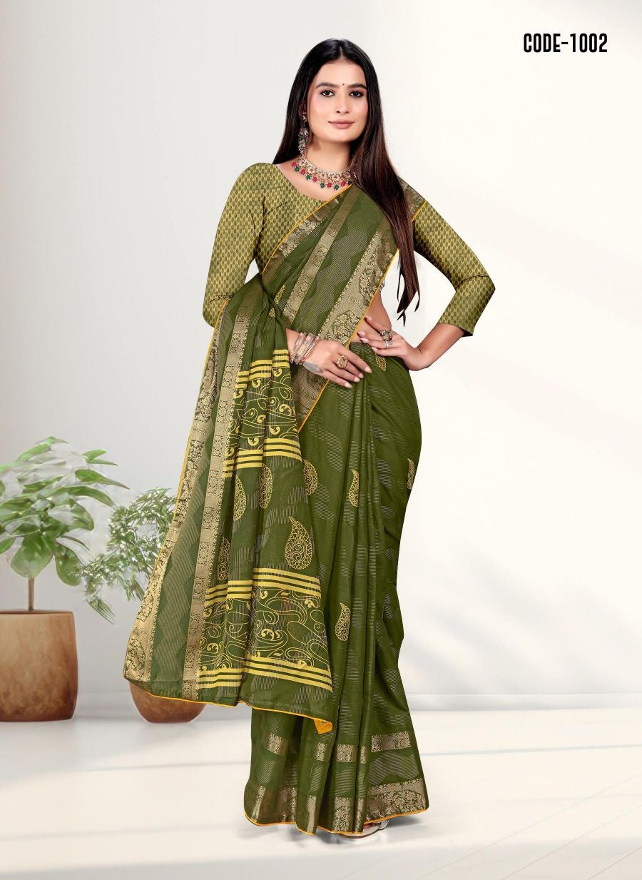 Mehendi Green color Zari Weaving Jacquard border Viscose saree with blouse for women - 13520