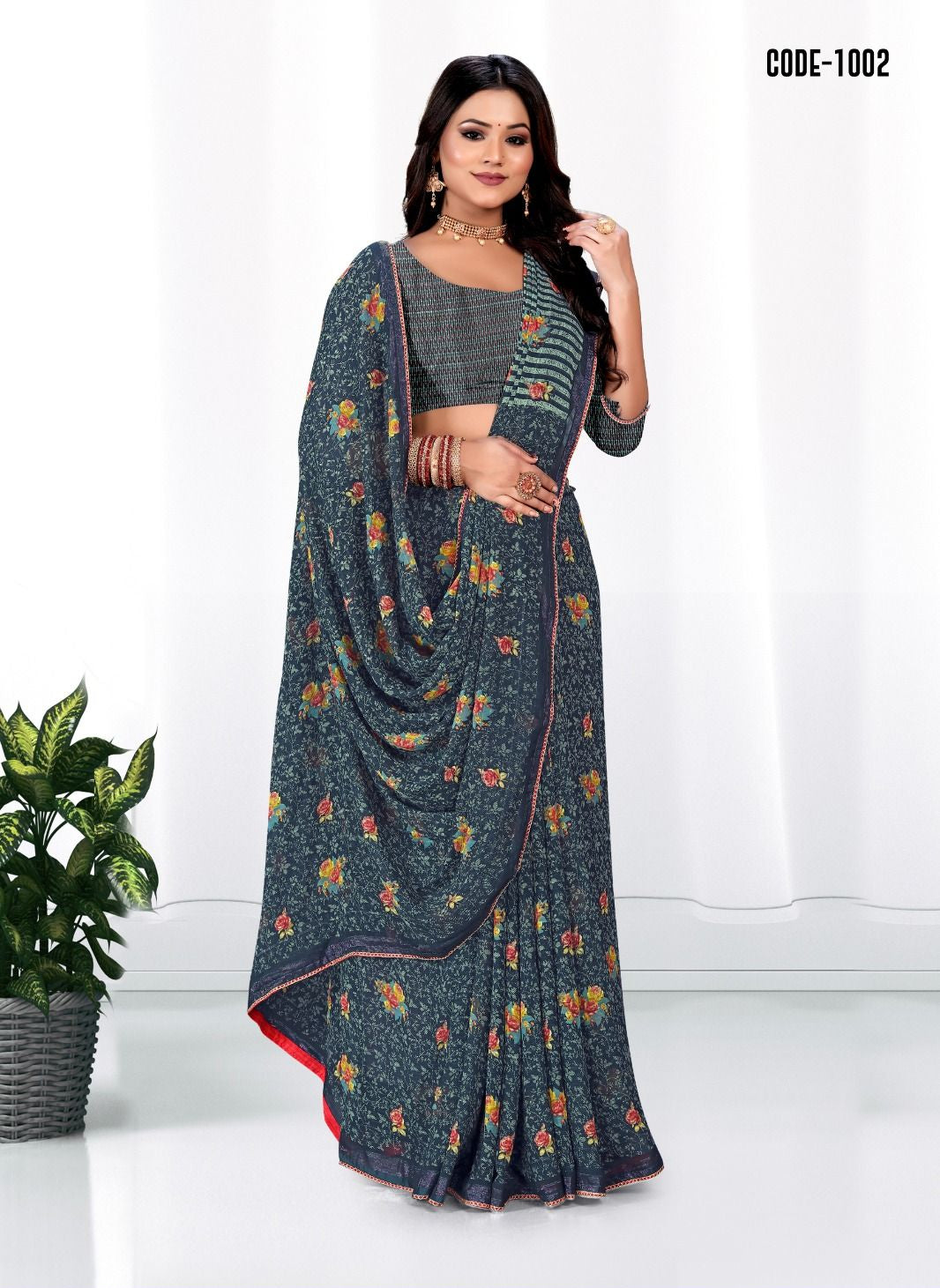Blue color Woven Zari border Georgette saree with blouse for women - 13836
