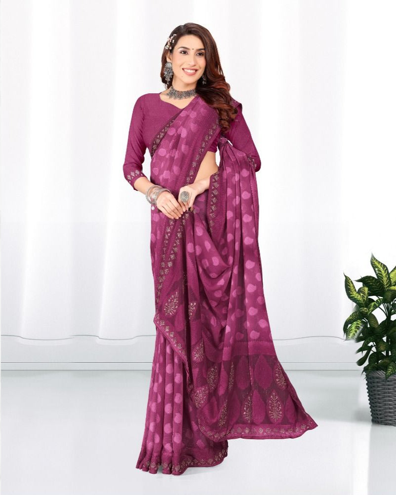 Purple color Georgette Diamond work Brasso cut siroski saree with blouse for women - 14018