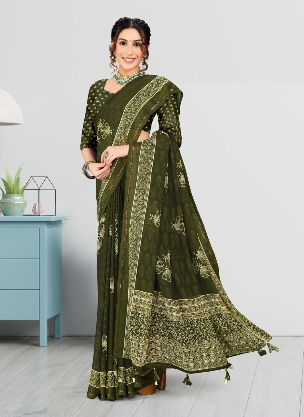 Mehendi Green color Jacquard Butta Satin border Georgette saree with blouse for women - 13947