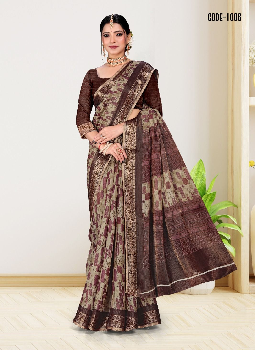 Coffee color Weaving zari Jacquard border Cotton saree with blouse for women - 13985