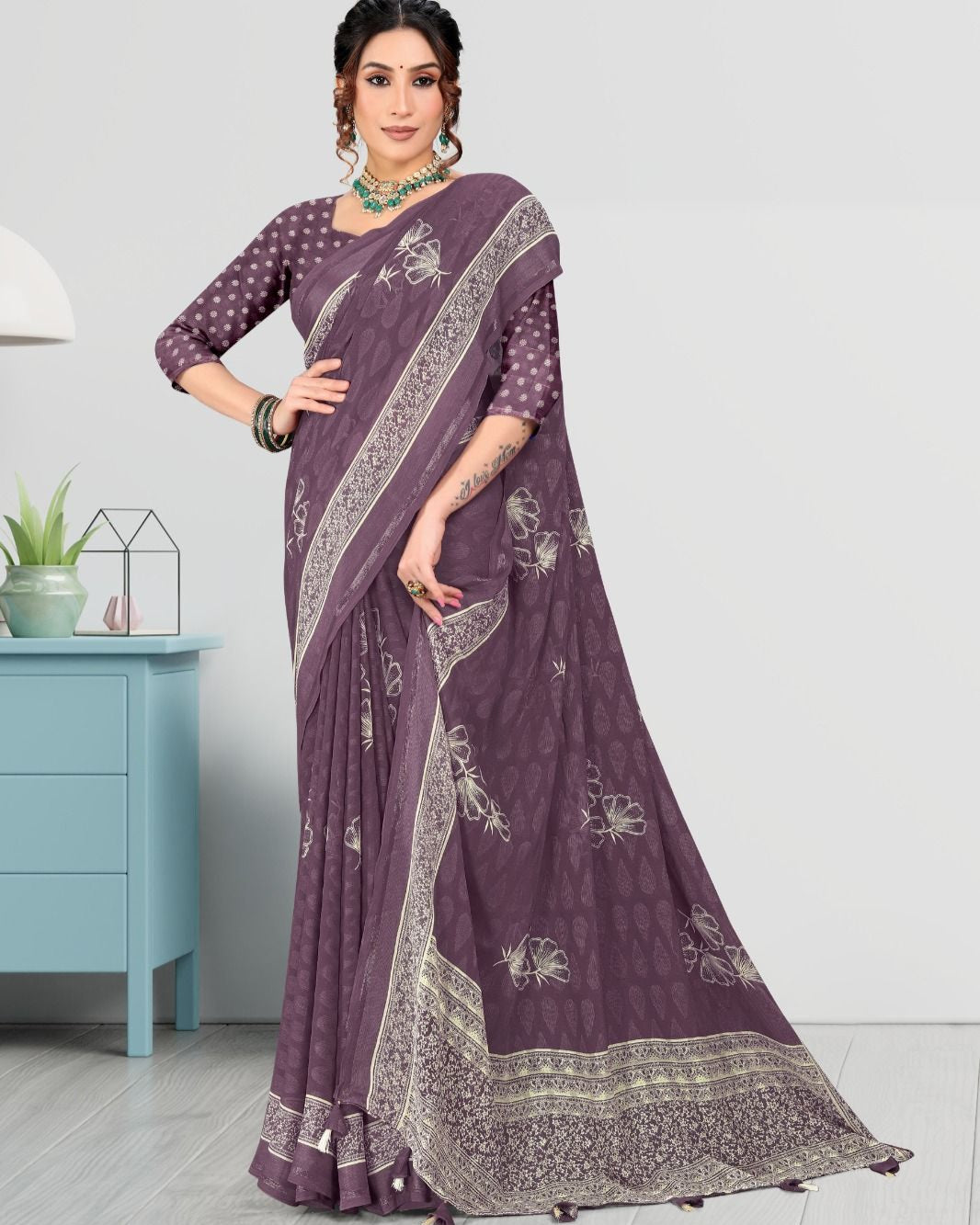 Lavender color Jacquard Butta Satin border Georgette saree with blouse for women - 13945