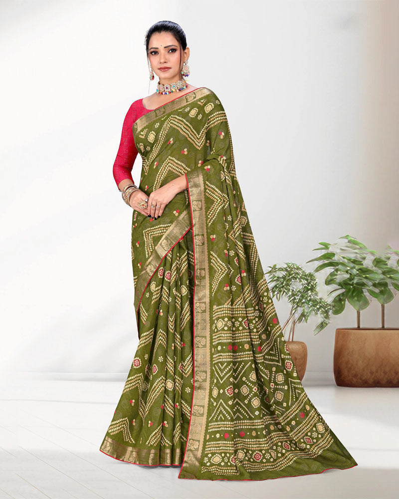 Mehendi Green color Zari Weaving Jacquard border Viscose saree with blouse for women - 13506
