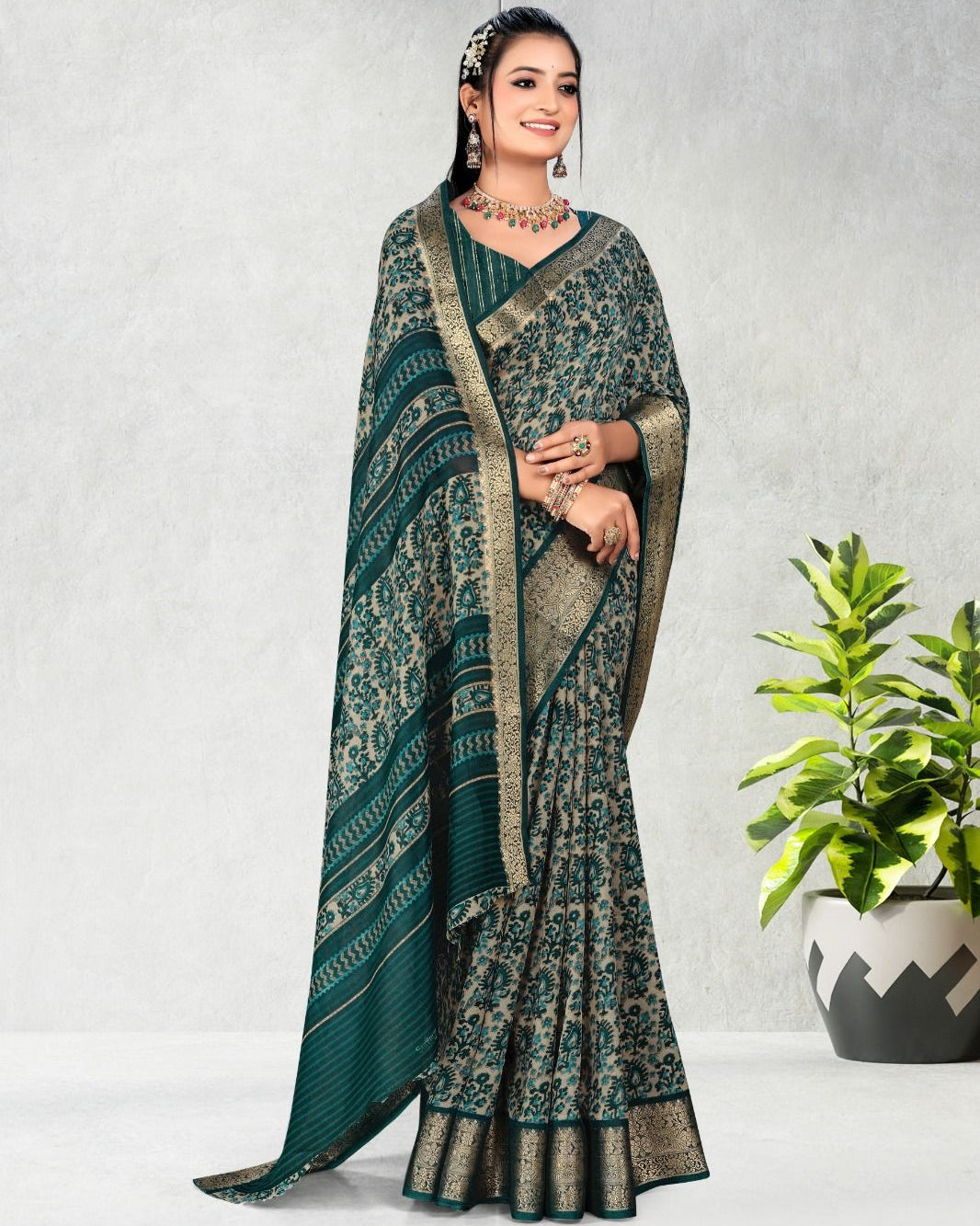 Blue color Best selling Zari Weaving Jacquard border Soft Cotton saree with blouse for women - 14338