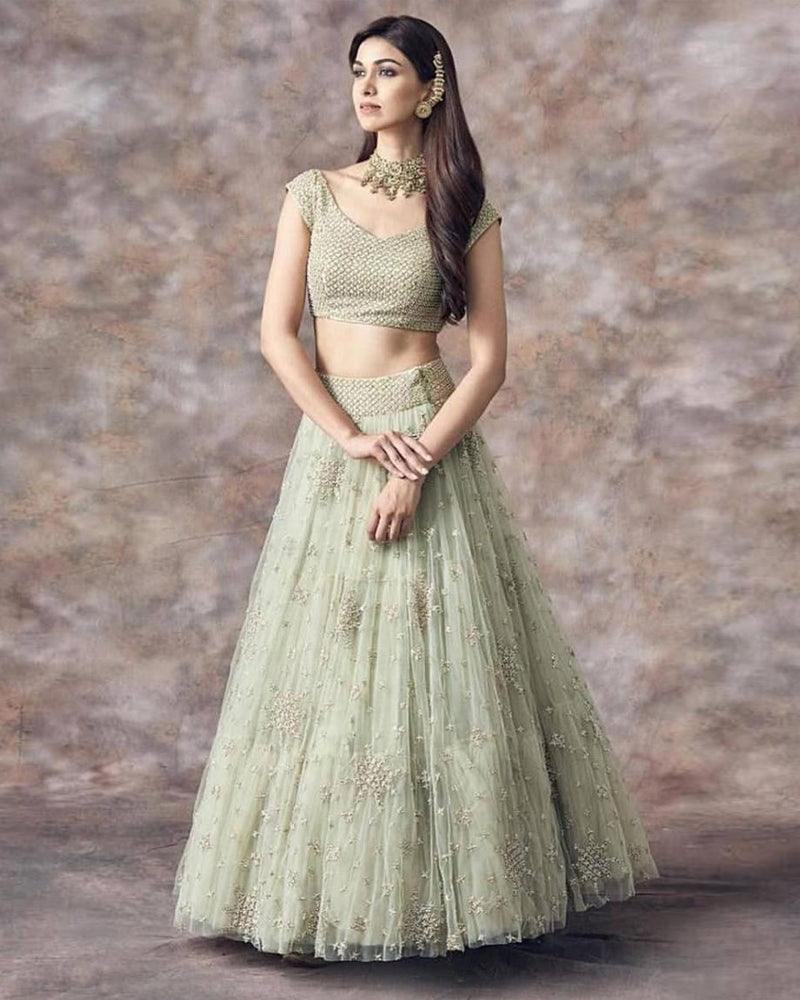 Light pista net embroidered designer lehenga choli