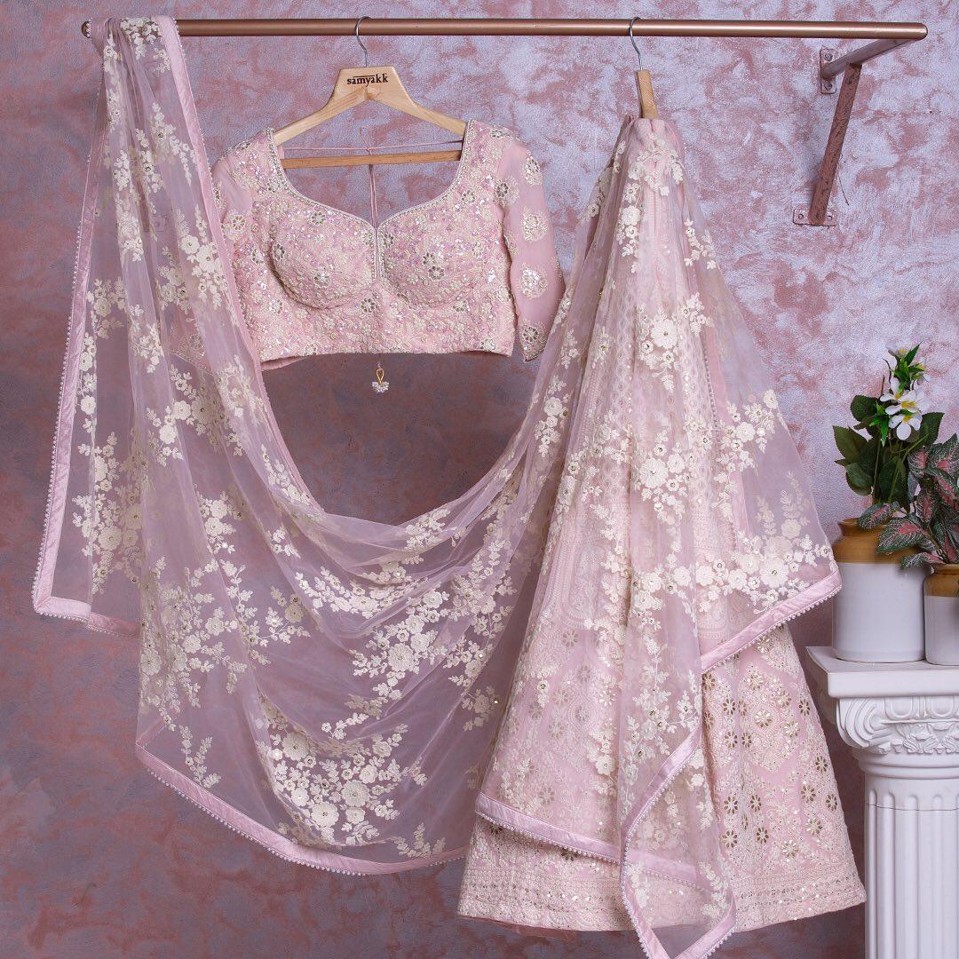 Baby pink coloured sequence embroidery work lehenga choli
