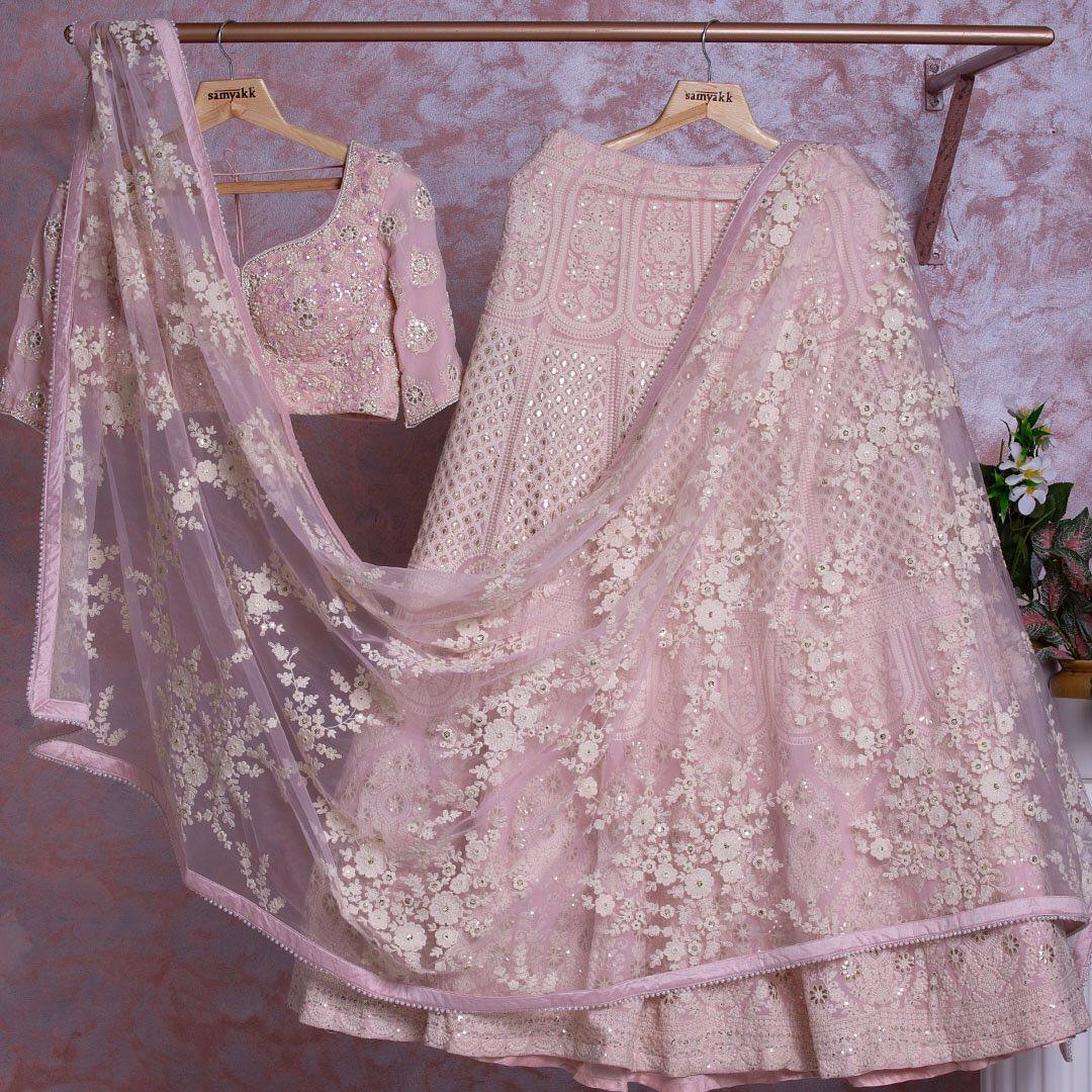 Baby pink coloured sequence embroidery work lehenga choli
