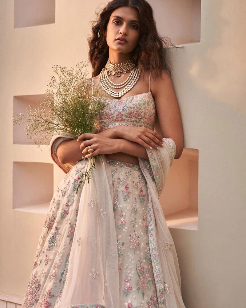 Cream color georgette embroidery lehenga choli