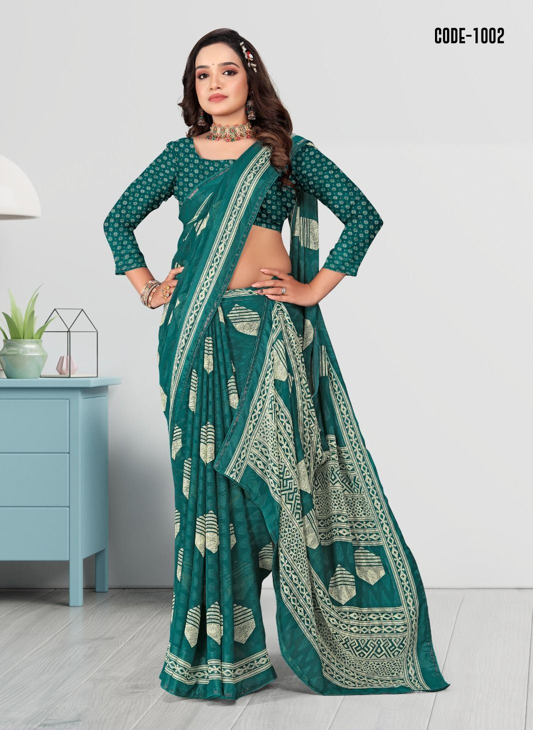 Teal Blue color Woven Jacquard Butta Georgette saree with blouse for women - 13968