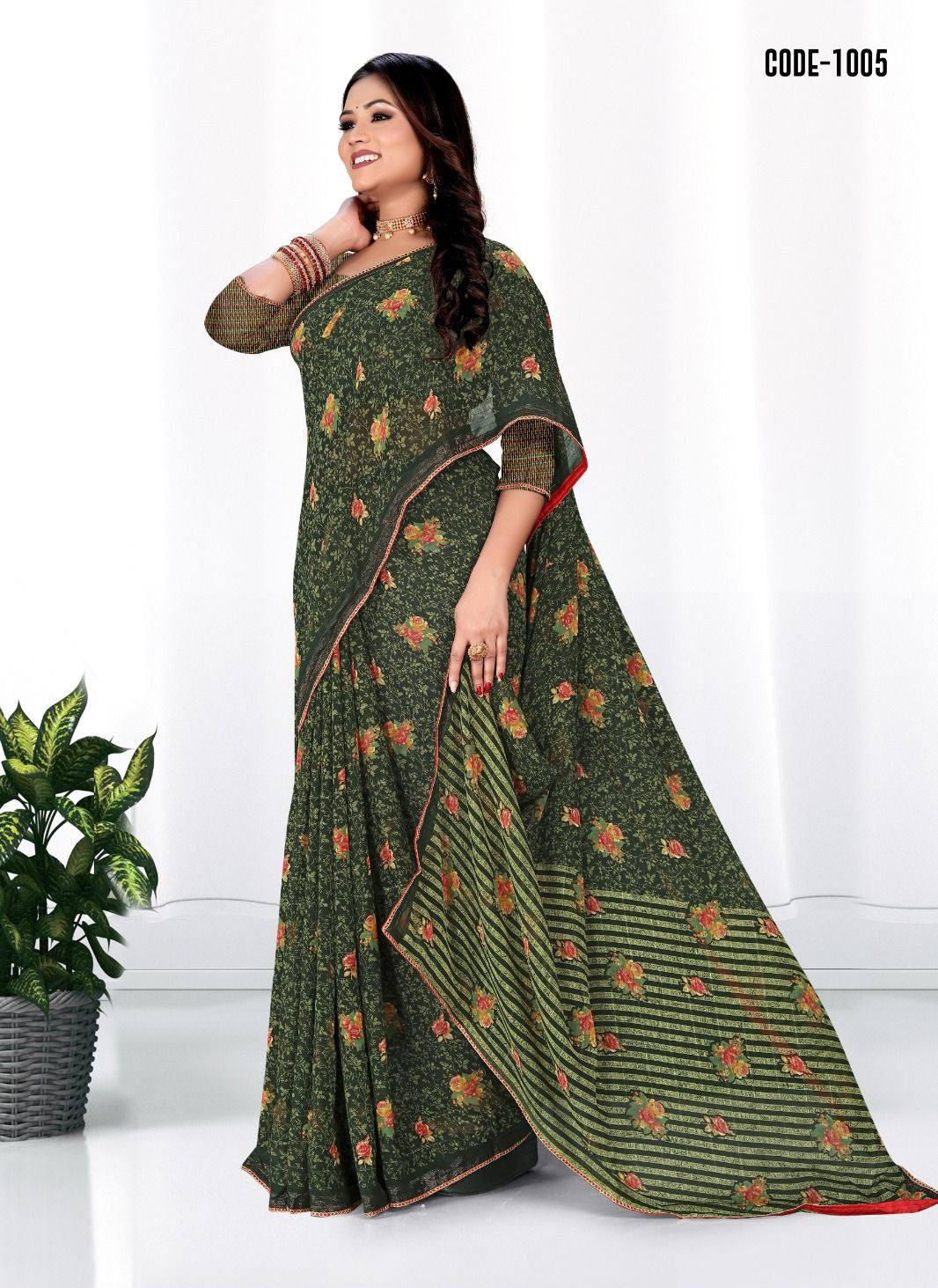 Green color Woven Zari border Georgette saree with blouse for women - 13839