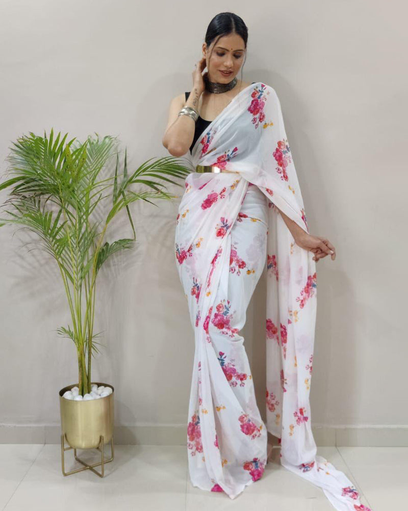 White Floral print Georgette Ready to wear sarees