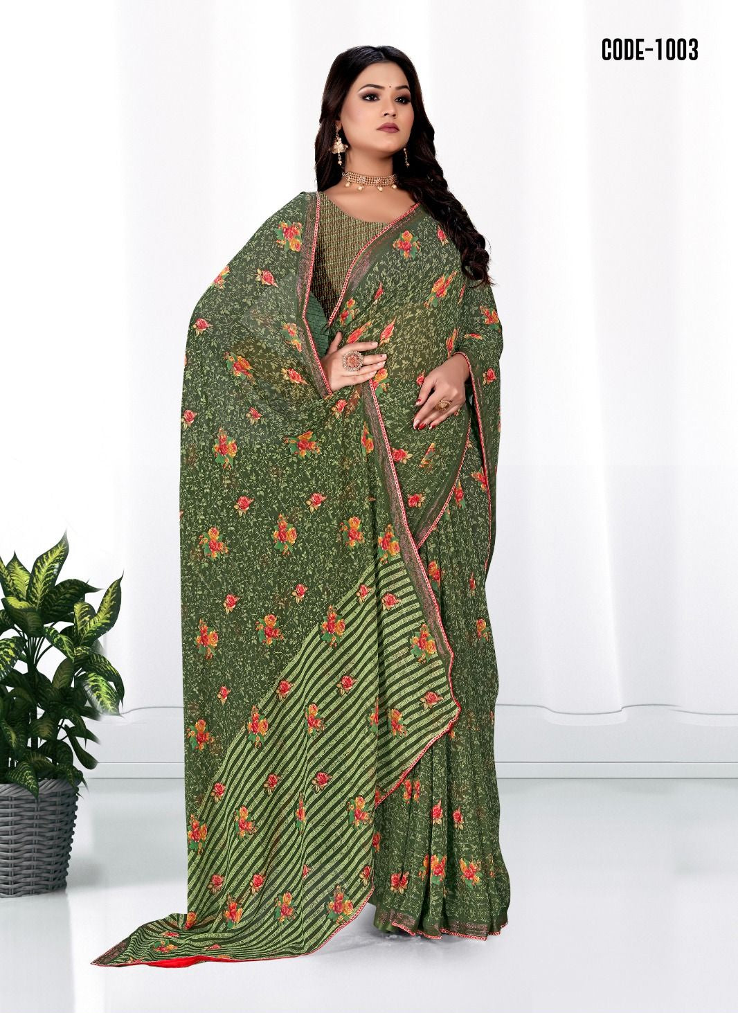 Mehendi Green color Woven Zari border Georgette saree with blouse for women - 13837