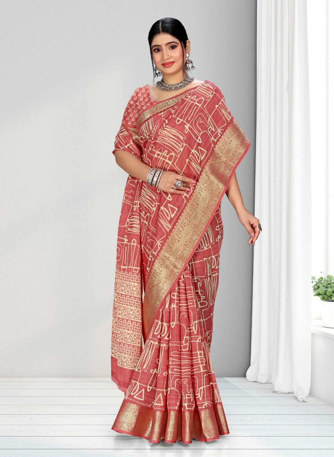 Coral color Geometric Print Zari border Soft cotton saree with blouse for women - 14305