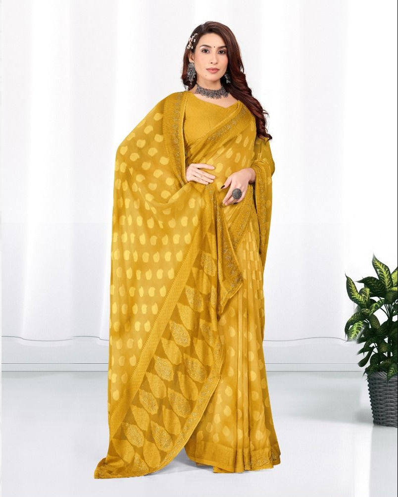 Yellow color Georgette Diamond work Brasso cut siroski saree with blouse for women - 14019